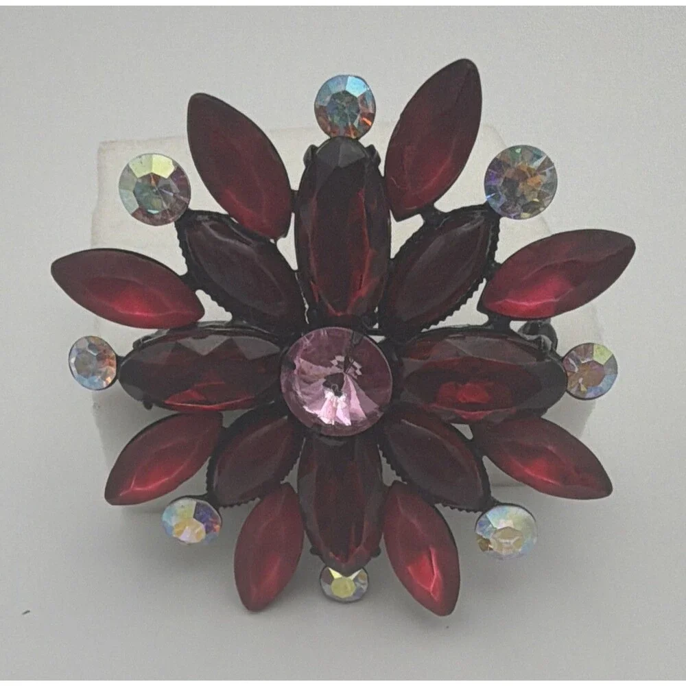 Red Rhinestone Flower Brooch Pin Pink Round Center Aurora Borealis 2.5 in